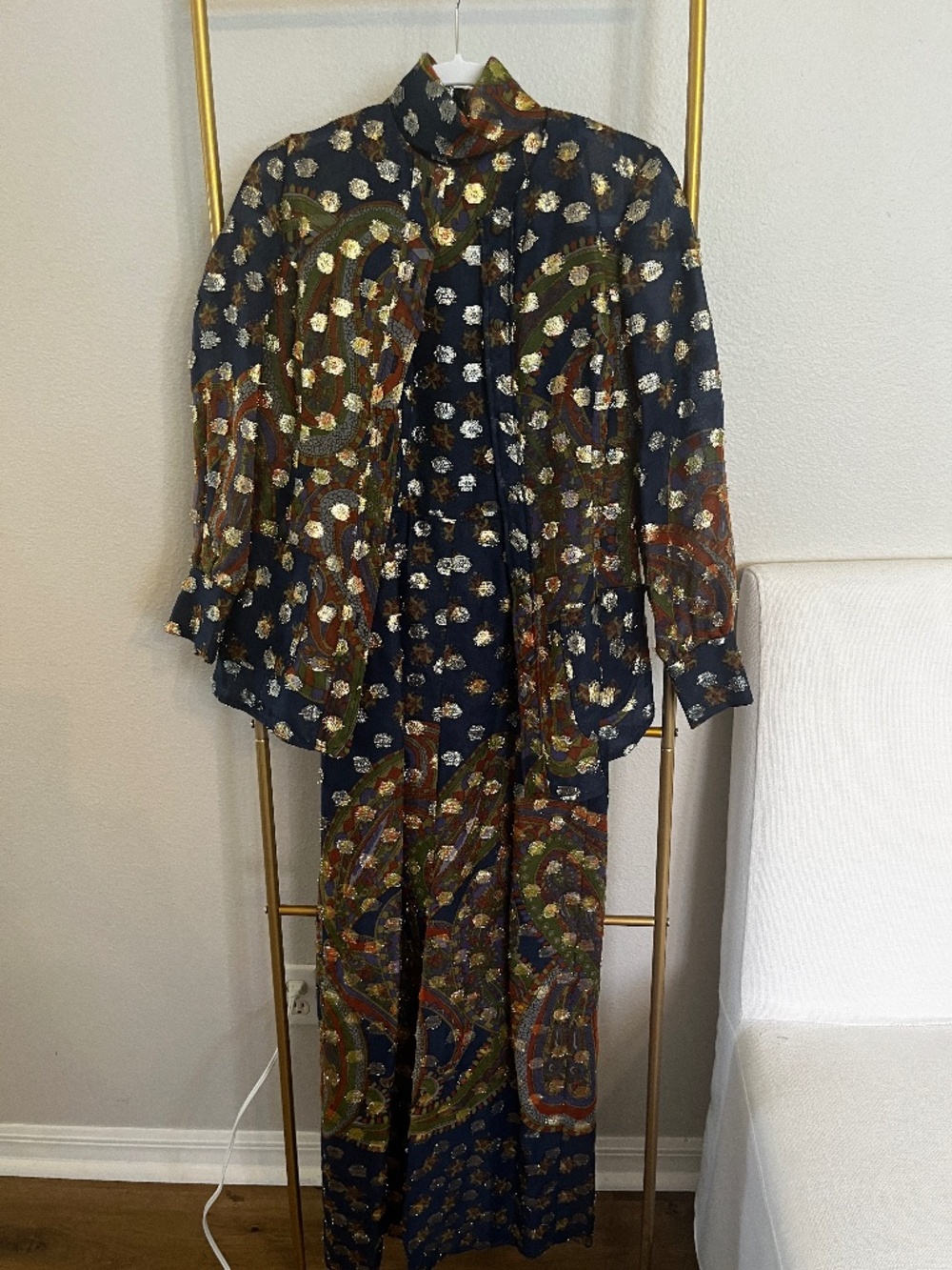 Vintage Lillie Rubin 2 Pc Metallic Paisley Maxi Dress Jacket Set Boho Disco